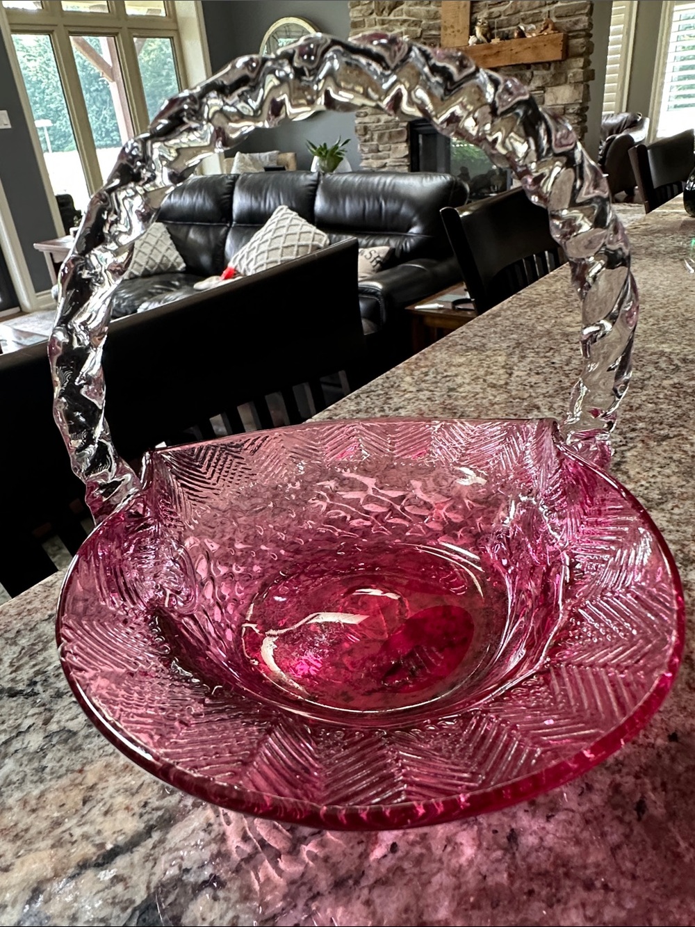 Vintage Cranberry Glass Basket with Clear Twisted Handle